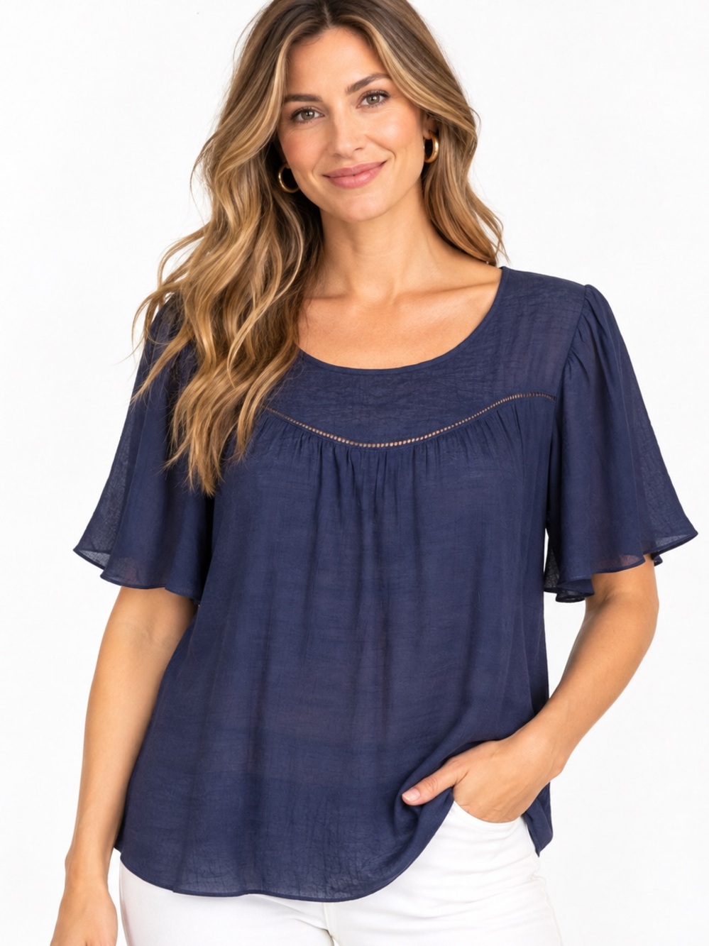 NANETTE LEPORE Navy Blue Flutter-Sleeve Scoop Neck Gauzy Boho Blouse Medium